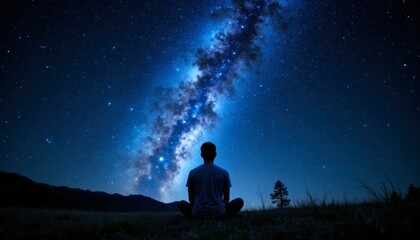 Fototapeta premium Person Meditating Under Starry Sky with Milky Way Galaxy Above