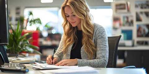 Young professional organizing tax forms in a bright office space. Generative AI