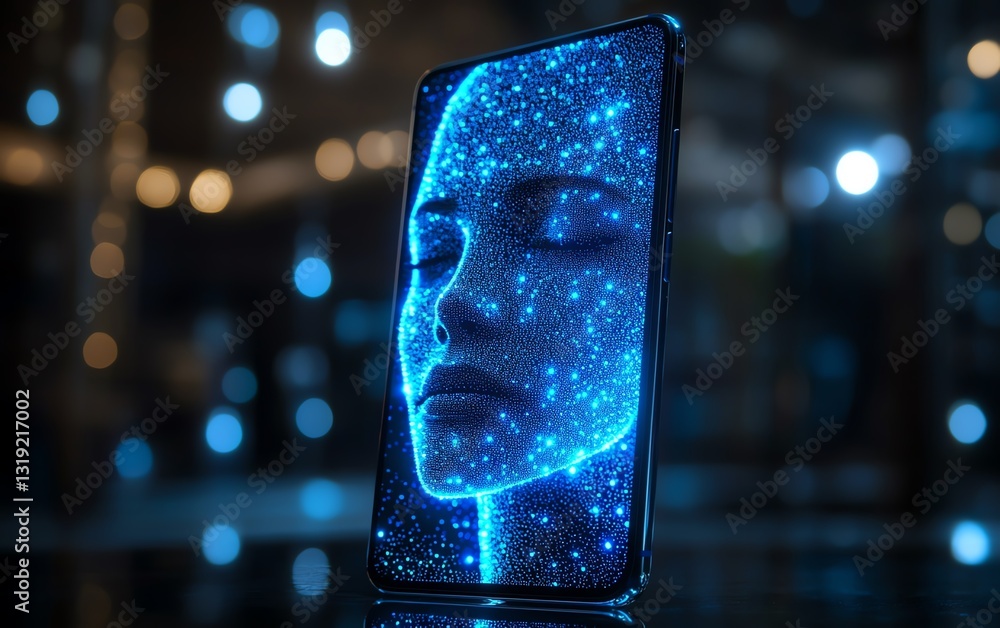 Poster sleek smartphone displaying a digital face made of blue dots, symbolizing advanced artificial intell
