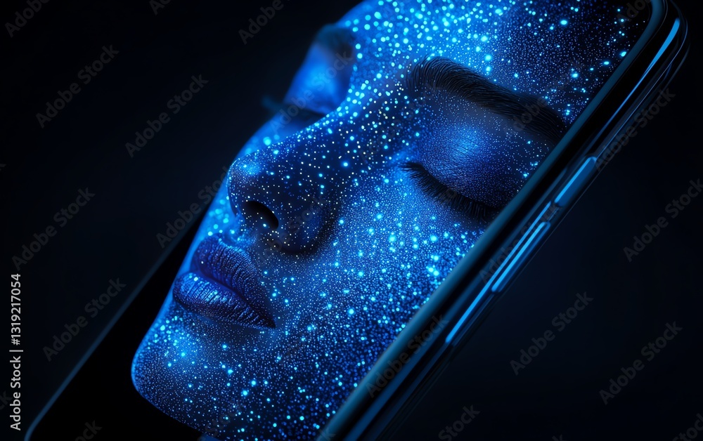 Poster sleek smartphone displaying a digital face made of blue dots, symbolizing advanced artificial intell