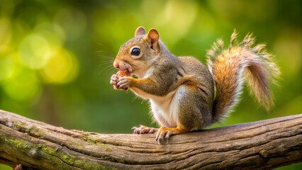 Obraz premium A fluffy-tailed squirrel delicately holds a nut, perched on a mossy log against a vibrant green backdrop.