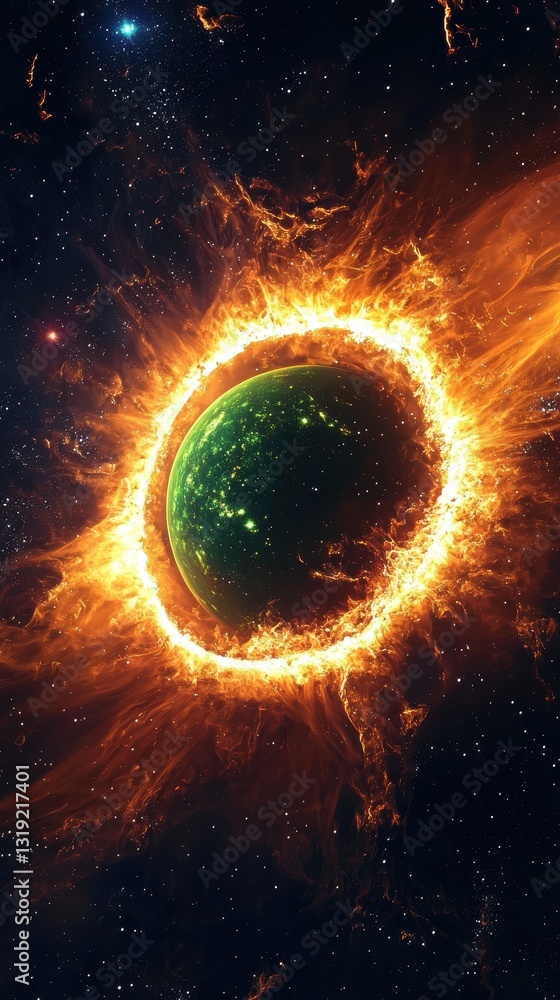 Poster enormous cosmic wonder featuring a massive glowing planet positioned in the center of a colorful neb