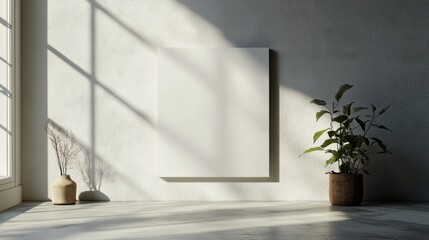 An empty white square ceramic tile, centered in a soft, light grey background with delicate lighting and shadows 