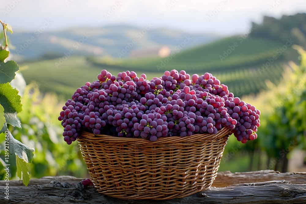 Poster picnic setup in vineyard with a basket of fresh grapes and scenic views. generative ai