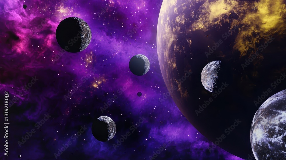 Poster a vibrant arrangement of planets surrounded by a colorful nebula creating a breathtaking space fanta