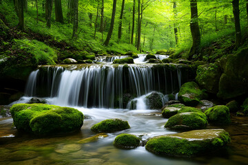 A tranquil waterfall cascading over moss-covered rocks in a lush forest setting