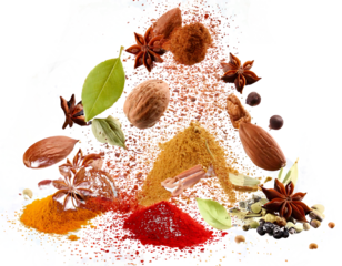 Different aromatic spices falling isolated on transparent background