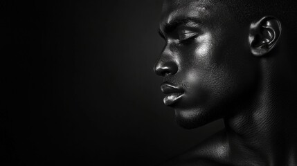 Monochrome profile of a man with eyes closed, showcasing his skin texture and serene expression