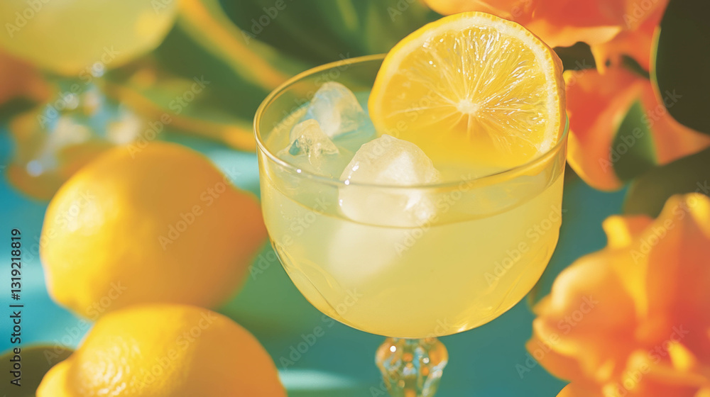 Poster refreshing limoncello drink with ice and lemon garnish for summer relaxation