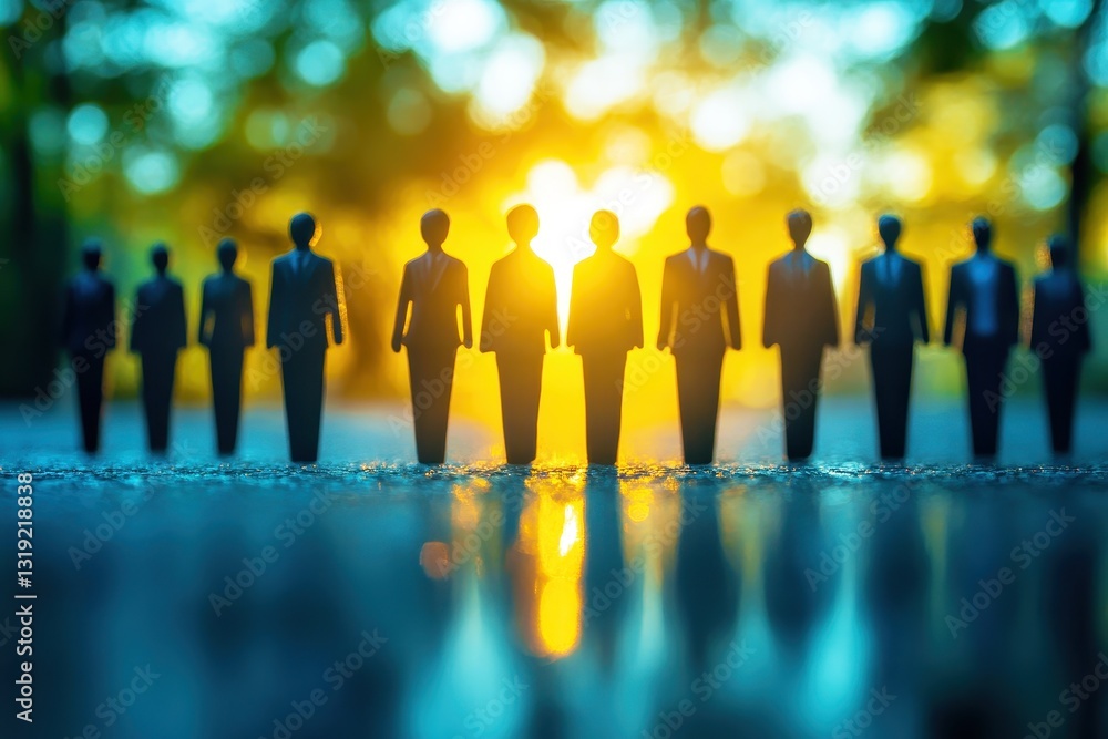 Poster silhouette of miniature business figures in a natural setting with warm sunlight creating an atmosph