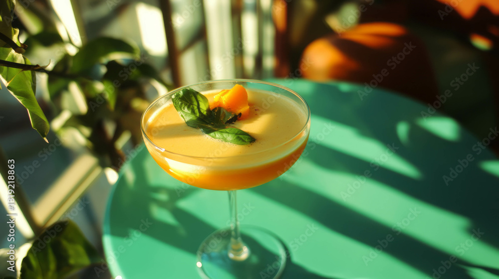 Poster Refreshing mango lassi with yogurt and basil garnish on a sunlit table
