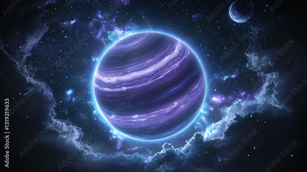 Poster a cinematic sci-fi rendering of a mysterious purple planet hovering in the sky with enigmatic backgr