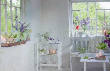 white vintage interior with flowers