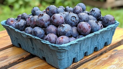 Freshly picked blueberries in a sturdy cardboard container