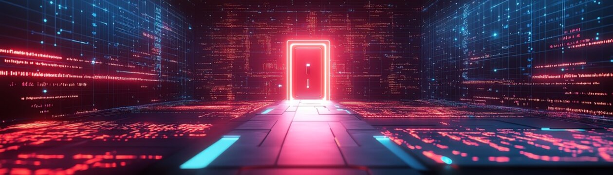 A hightech digital lock surrounded by glowing neon grids and flowing binary code, illustrating the safeguarding of sensitive data in a futuristic digital landscape