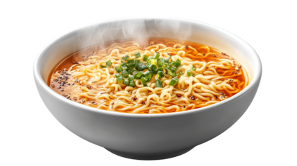 steaming bowl of spicy ramen topped with chopped green onions and sesame seeds, served in white bowl. rich broth and noodles create comforting and flavorful meal