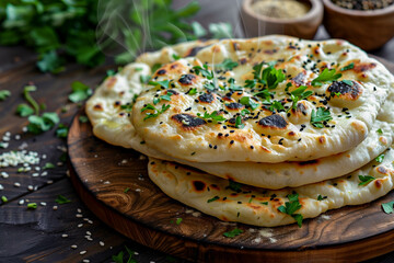 A freshly baked naan flatbreads with a crispy crust, sprinkled with black sesame seeds and parsley greens on a wooden table