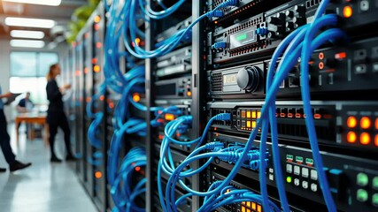 Server Room: High-tech server room showcases a complex network of servers, cables and connections. Technology, data storage, cloud computing, data center - Powered by Adobe