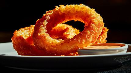 Crispy onion ring on white plate with dipping sauce for snack or appetizer ideas