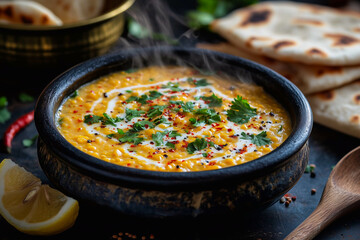 Lentil dal in a rustic dark ceramic bowl, on a dark wooden table with scattered cumin seeds, red chili flakes, and fresh cilantro leaves
