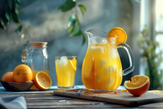 A Glass of Orange Juice is Poured Into a Pitcher and a Pitcher of Lemonade - Powered by Adobe