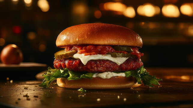 Delicious juicy hamburger on toasted bun with pickles and lettuce for gourmet dining concept