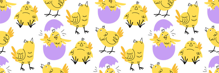 Funny Easter seamless pattern with cute yellow chick in various poses. Funny doodle character in broken egg. Horizontal festive background. Vector flat illustration.