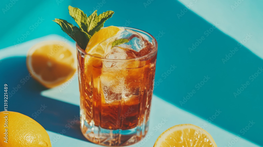 Poster refreshing iced tea with lemon and mint on bright blue background for summer vibes