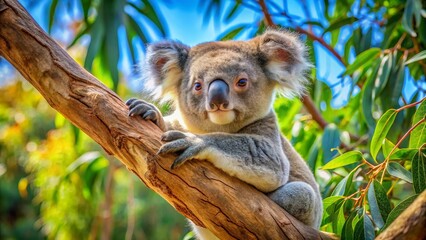 Fototapeta premium Adorable Koala Bear Clinging to a Sunlit Eucalyptus Branch in a Lush Green Forest Habitat