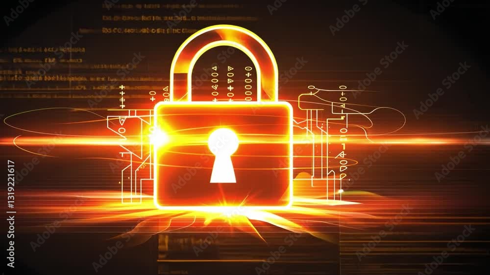 Poster glowing digital padlock symbolizes cybersecurity and data protection with vibrant code background, h