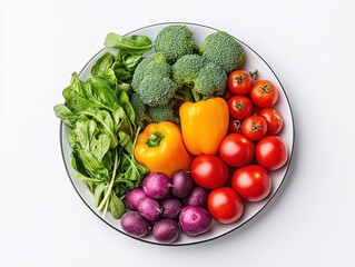 Fresh assortment of colorful vegetables on a white plate, showcasing healthy eating