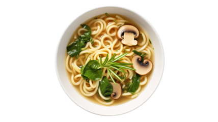bowl of delicious noodle soup with mushrooms, spinach, and rosemary garnish, offering warm and comforting meal