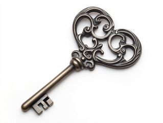 Vintage Decorative Heart Shaped key  Ornate design Isolated on White Background 