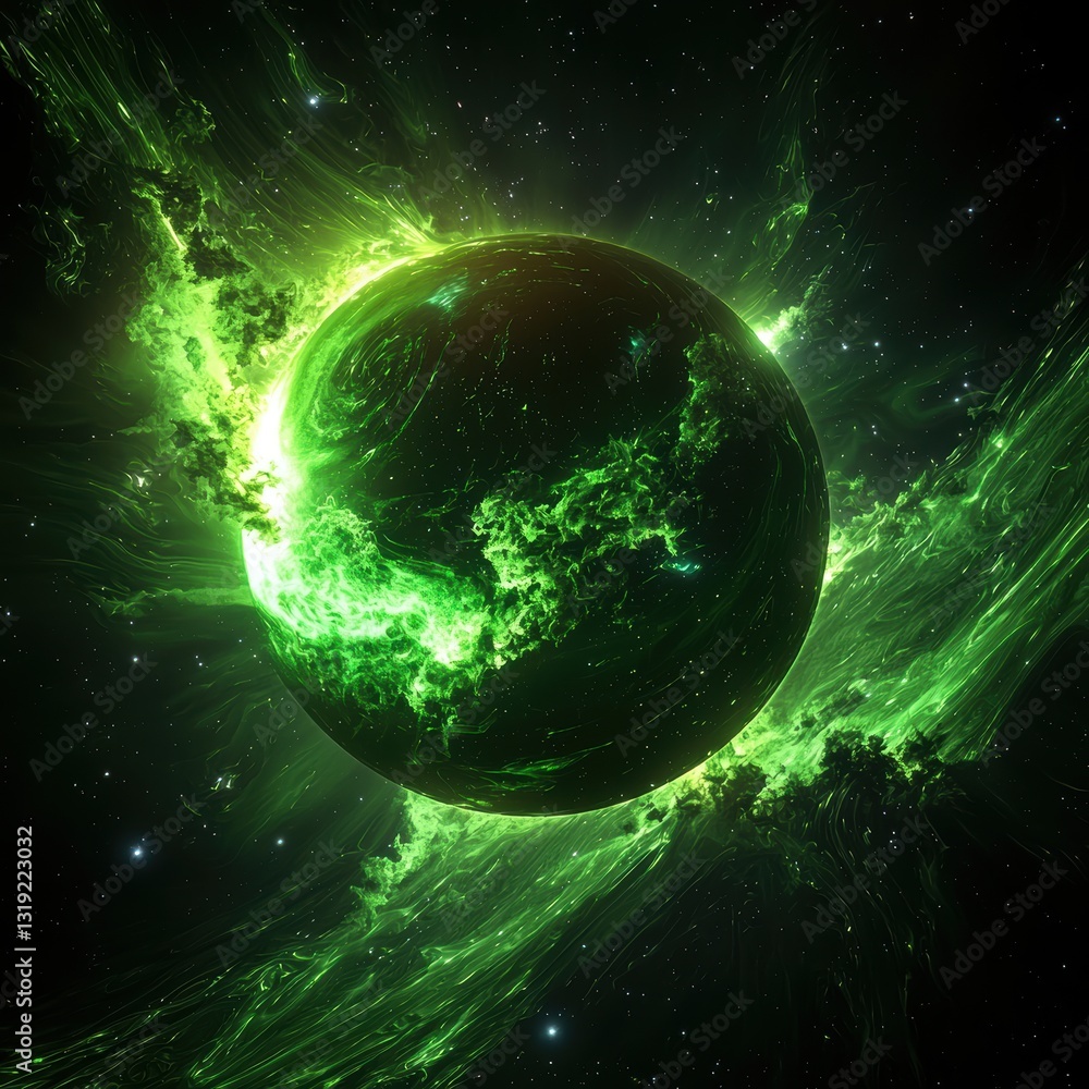 Poster a vibrant green planet adorned with lush flora floating in the infinite expanse of outer space and c