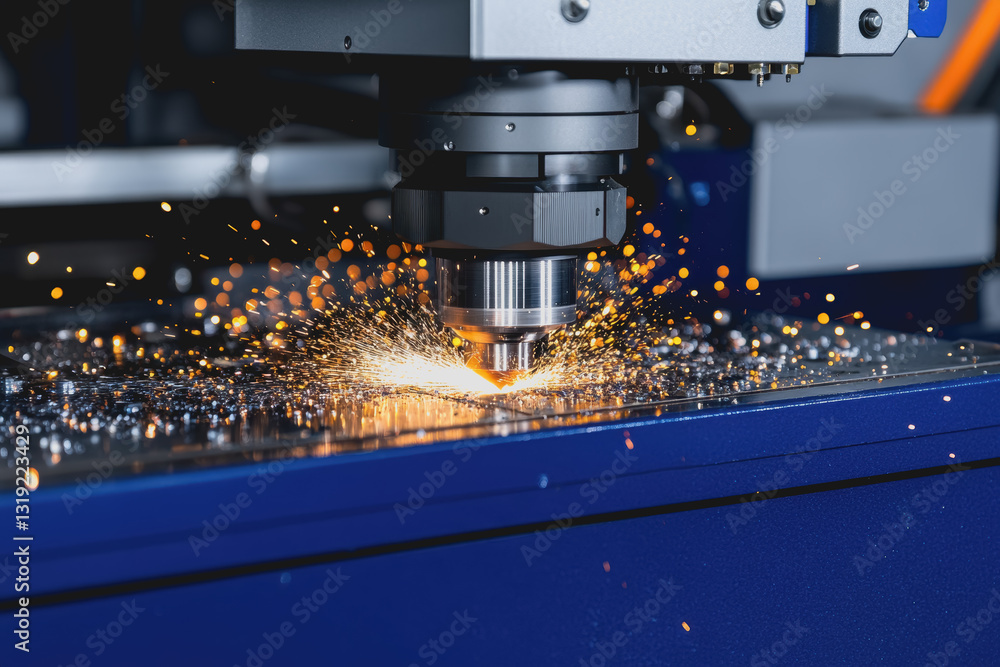 Poster cnc machine cutting metal with sparks flying in a high-energy workshop environment captivating motio