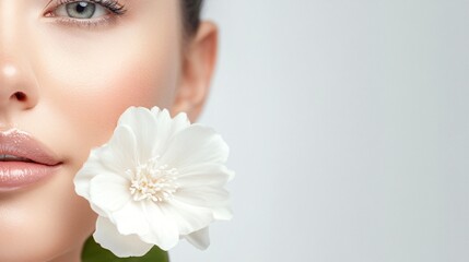 Naklejka premium Young woman with flower, close-up of serene face, fresh and natural beauty, ideal for wellness and skincare themes.
