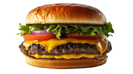 Juicy cheeseburger with lettuce, tomato, and onion on toasted bun, showcasing melted cheese and fresh ingredients