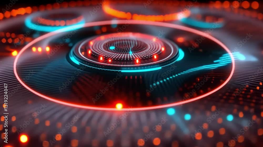 Poster futuristic digital interface with glowing red and blue circular patterns dynamic landscape of advanc