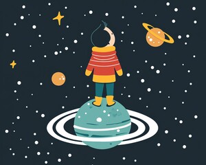 A child exploring outer space, surrounded by planets and stars in a whimsical style.