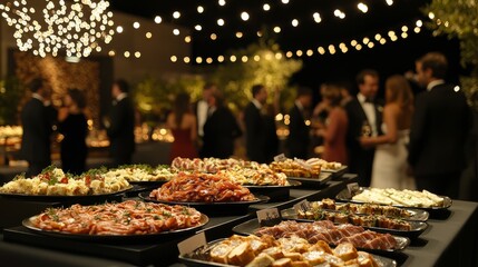 Elegant Buffet Setup with Gourmet Dishes at a Festive Evening Event