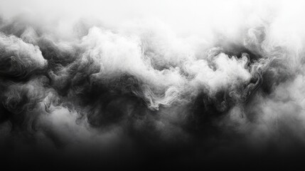 Abstract black cloud with layers of smoky gray tones, floating on a bright white background