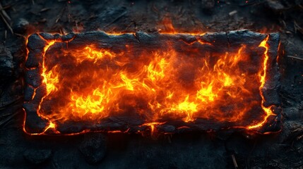 Fiery glowing ember plaque displaying element name outdoor fire scene high-resolution imagery dramatic perspective