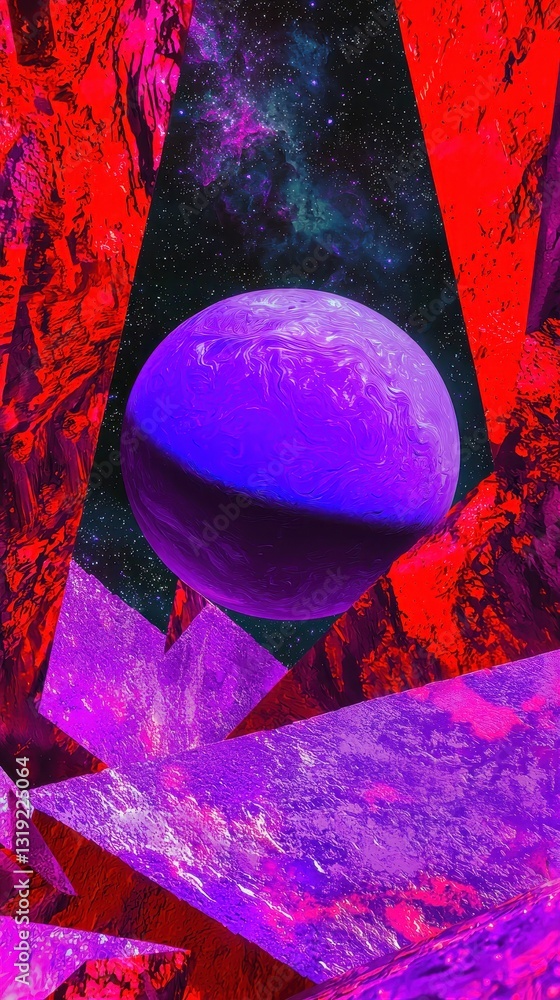 Poster a large planet surrounded by a dynamic red and purple background in a surreal nebula cosmic display