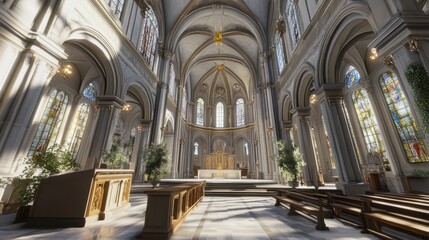 Fototapeta premium Sunlit Cathedral Interior With Stained Glass Windows And Plants