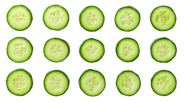 Slices of fresh cucumber arranged in grid pattern on transparency background, showcasing their vibrant green color and texture