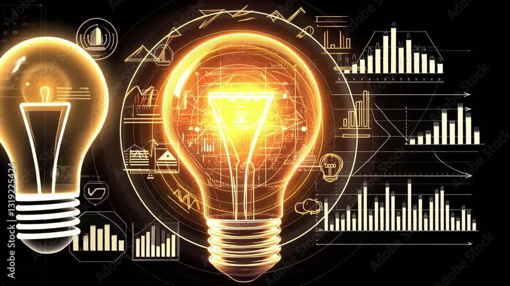 Poster illuminated light bulbs and glowing elements showcase data visualization, innovation, and creativity