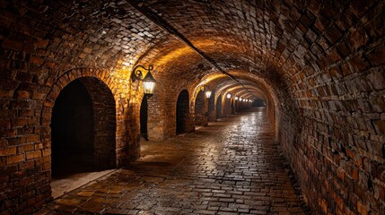 Naklejka premium Mystical Brick Archway Tunnel with Lanterns Illuminating Pathway