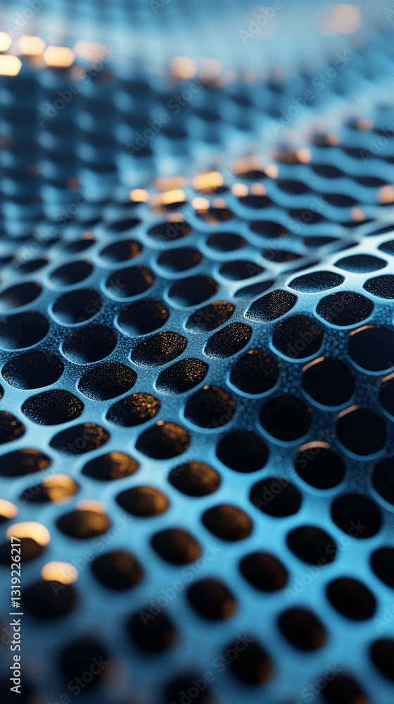 Poster Close-up of textured surface with repeating circular indentations, blue and dark hues, creating a patterned, abstract design, showcasing a technological or modern aesthetic
