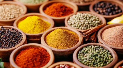Fototapeta premium Colorful spice assortment in clay bowls, vibrant hues and textures, perfect for culinary blogs or cooking recipe design.