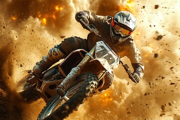 A motorcycle rider speeds through a cloud of dust in action